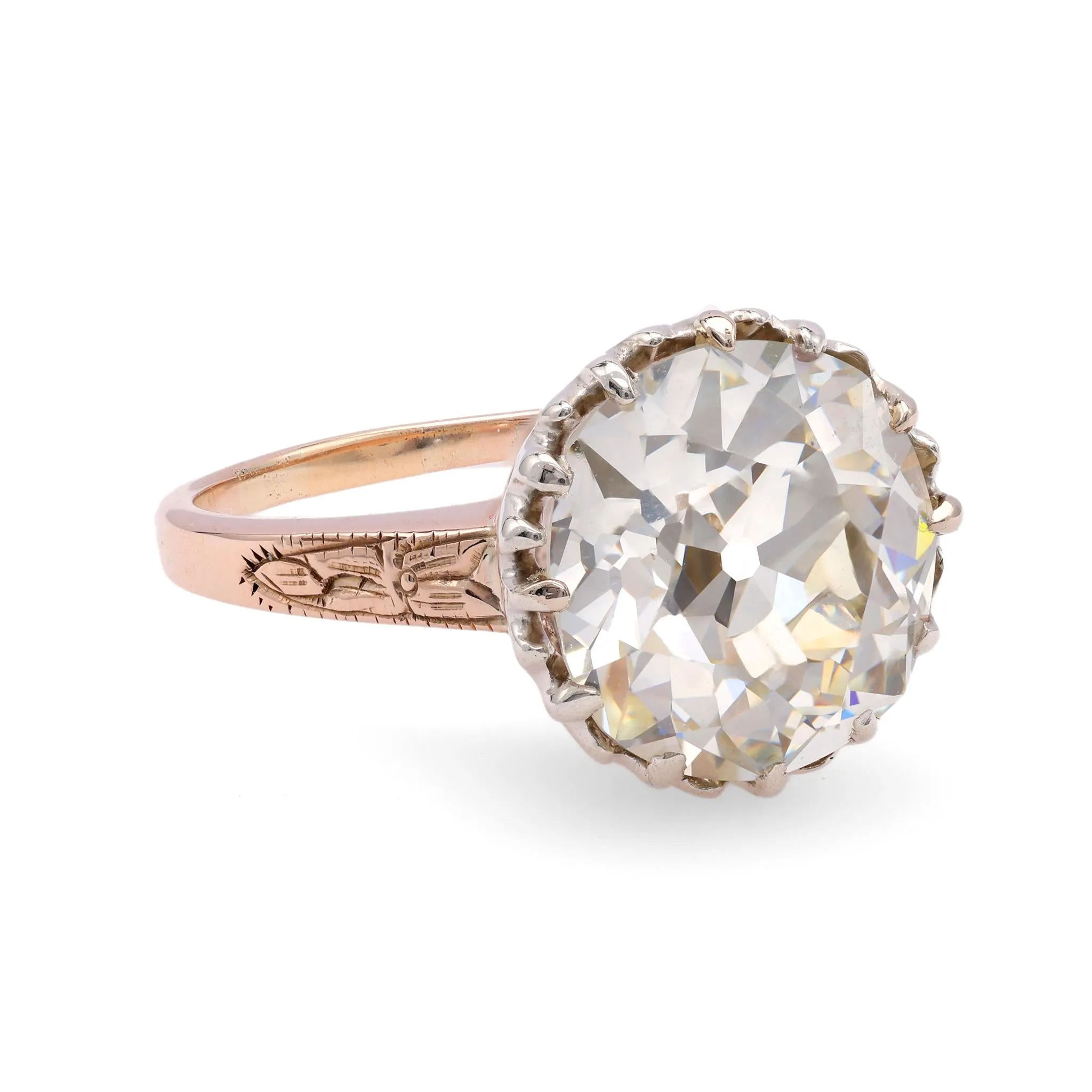 Antique GIA 4.32 Carat Cushion Brilliant Cut Diamond 9K Rose Gold Silver Ring
