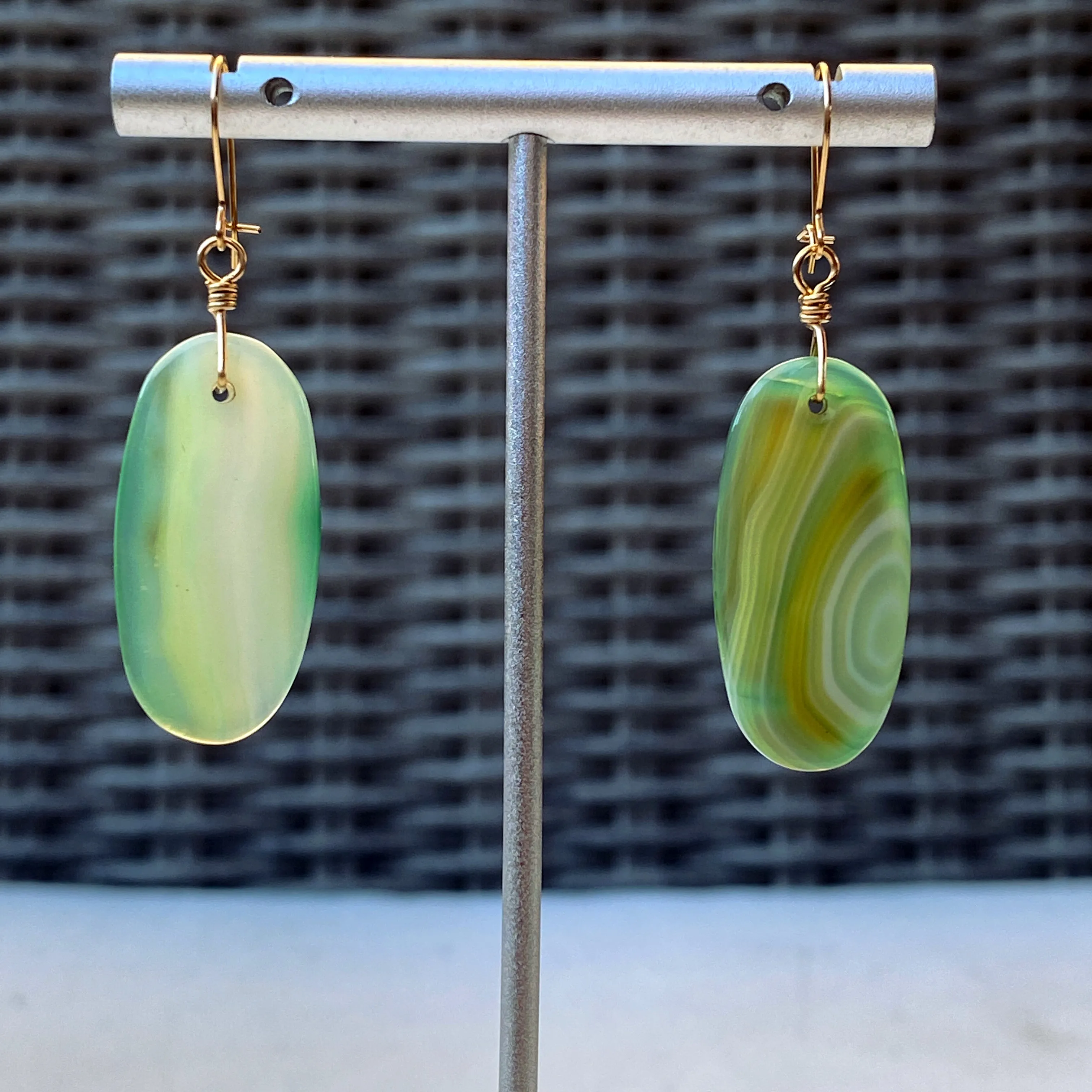 Green Banded Agate gemstone hand wrapped with 14 kt Gold filled Drop Earrings